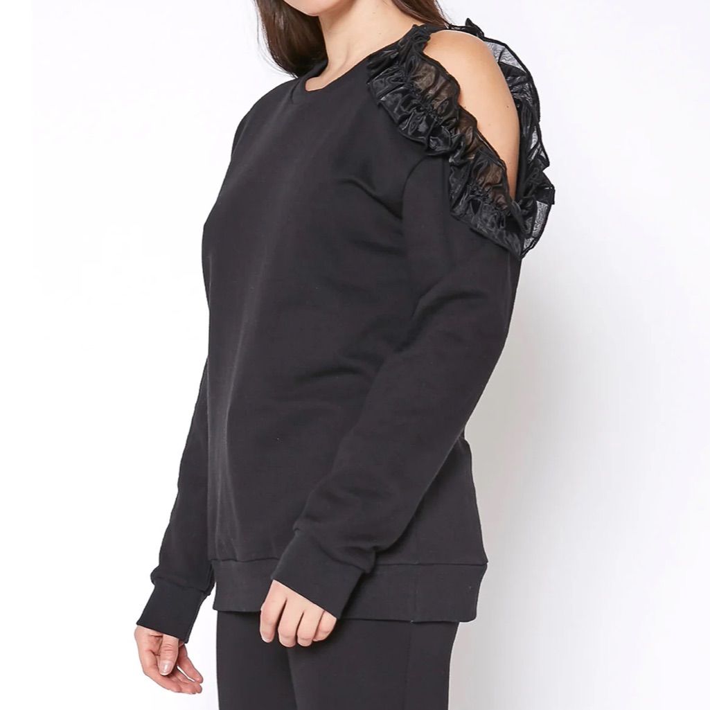 Brand New Without Tags RoDe Brand Open Ruffle Shoulder Blouse Size Small